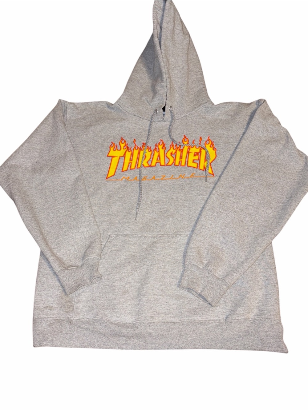 Thrasher Gray Crewneck Hoodie with Yellow and Orange Flame Logo